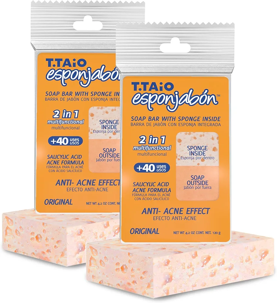 T.Taio Esponjabon Pore-Cleansing Soap Sponge - Cleansing Shower Scrubber - Cleaning Bath Wash Scrub - Oil Removal - Massage & Lather Foot, Elbow, & Face - Bathroom Accessories (2-Pack)