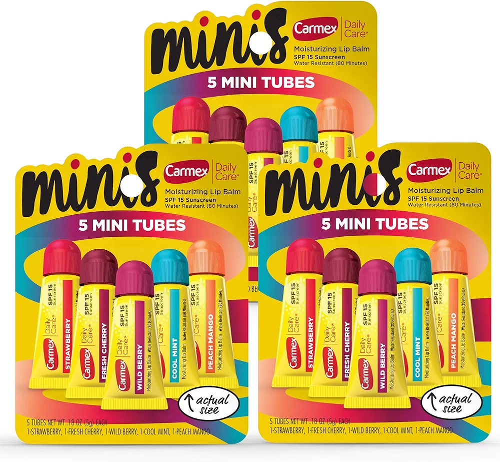 Carmex Daily Care Minis Moisturizing Lip Balm Tubes, SPF 15, Multi-Flavor Lip Balm Pack, 15 Count (3 Packs of 5)