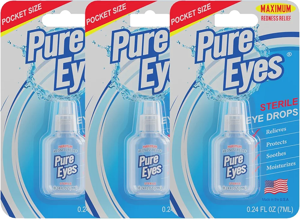 | Red Eyes Drops Redness Relief | Lubricating Eye Drops for Dry Eyes | Irritated Eyes Relief | Moisturizing Eye Drops | Travel Size 0.24 fl oz (7ml) | Pack of 3 | Made in USA