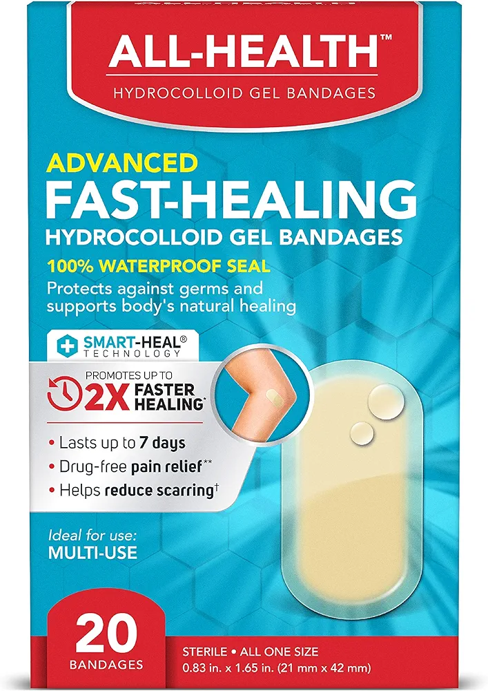 All Health Advanced Fast Healing Hydrocolloid Gel Bandages, Regular 20 ct | 2X Faster Healing for First Aid Blisters or Wound Care, 20 Count