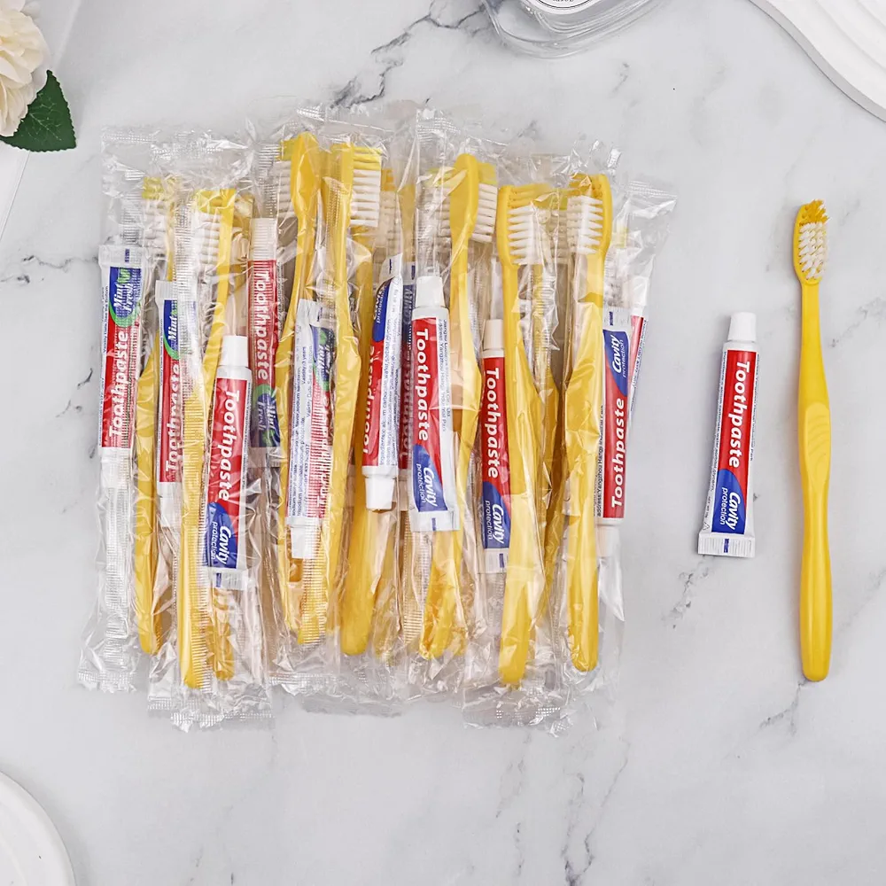 Disposable Toothbrushes with Toothpaste Pack of 50, Yellow Hollow Toothbrush with 10g Toothpaste Individually Wrapped Disposable Travel Toothbrushes Kit in Bulk for Homeless,Airbnb,Hotel,Charity