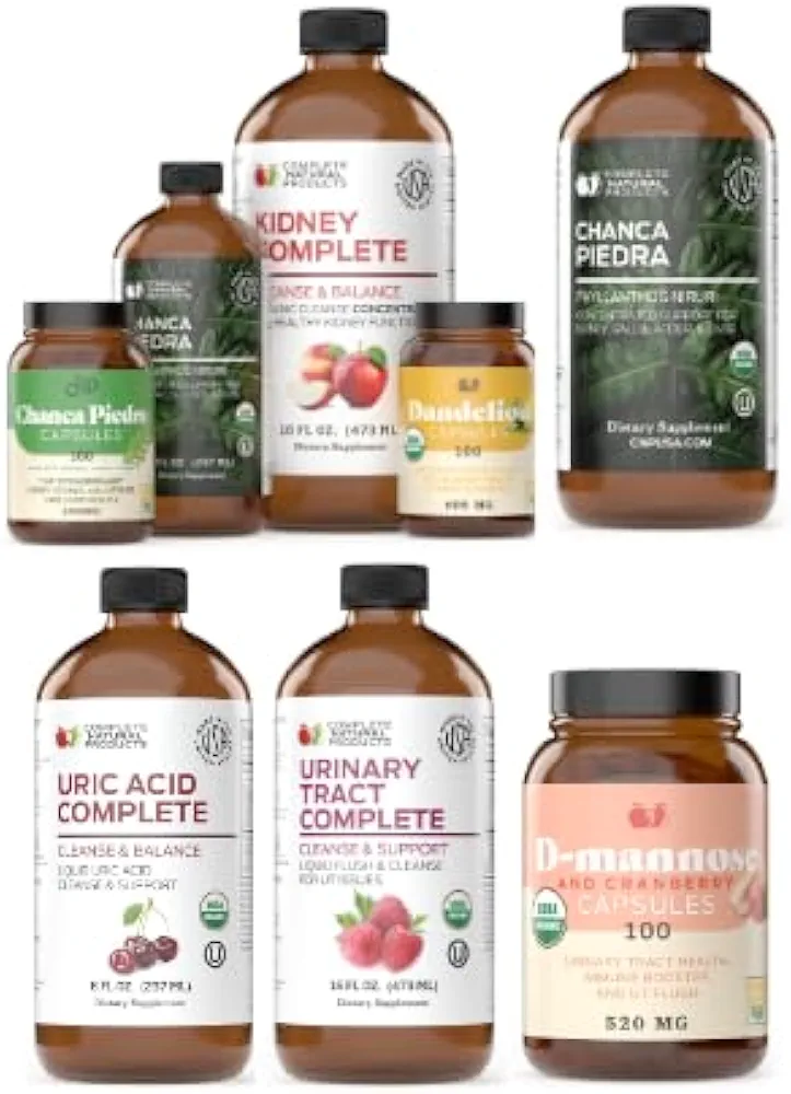 Kidney Complete Bundle, Chanca Piedra Extract 8oz, Uric Acid Complete 8oz, Urinary Tract Complete 8oz & D-Mannose & Cranberry 100 Capsules Bundle