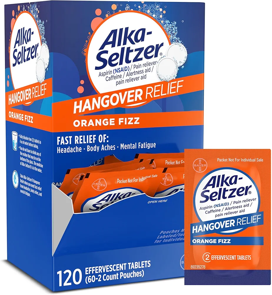 Alka-Seltzer Hangover Relief Tablets, Fast Relief Starts in About 15 Minutes for Headaches, Body Aches & Mental Fatigue, Bachelorette Party & Bachelor Party, Hangover Relief Dispenser Pack, 120 Count