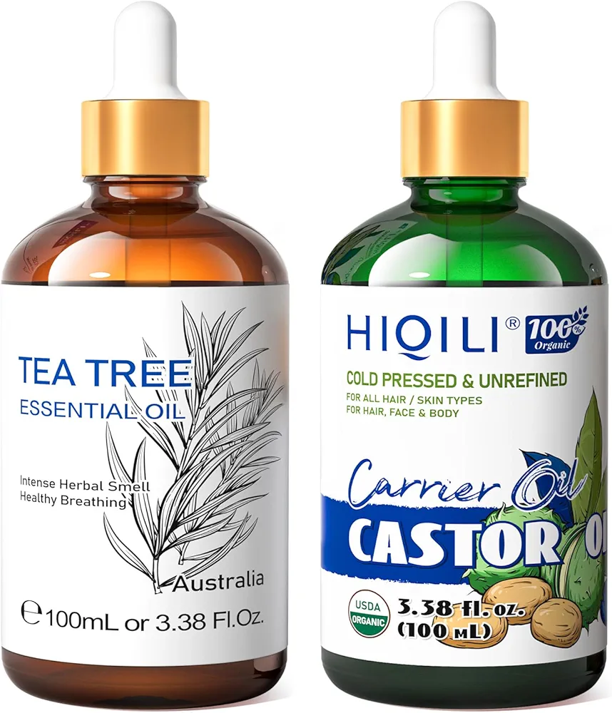 HIQILI Tea Tree Oil and Castor Oil, 100% Pure Natural for Diffuser - 3.38 Fl Oz