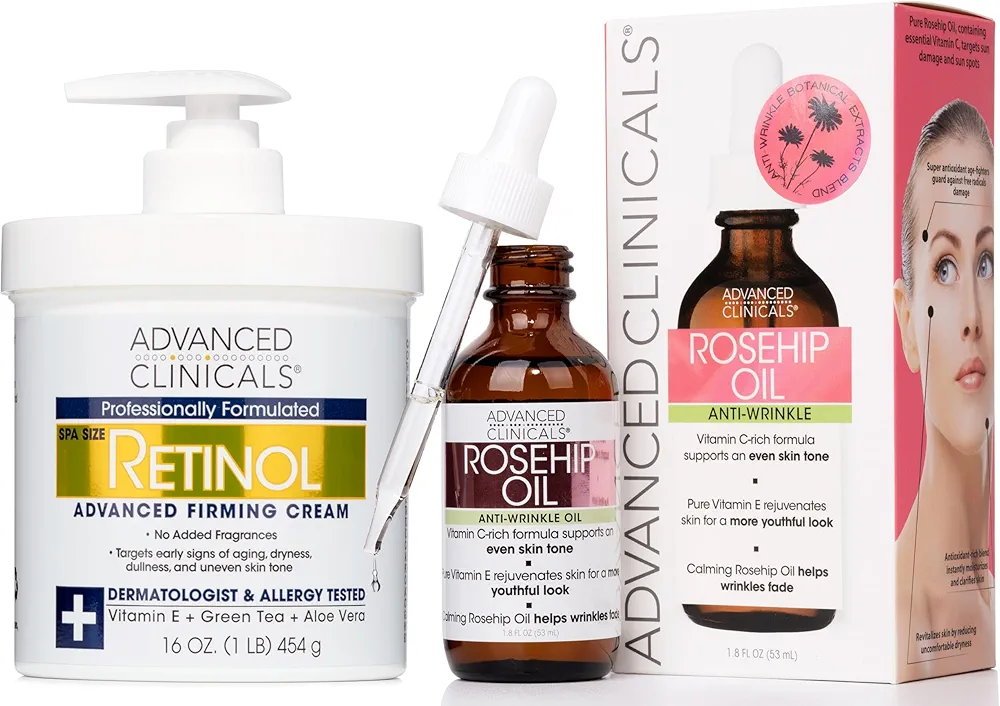 Advanced Clinicals Retinol Firming Cream + Rosehip Oil Anti-Wrinkle Facial Serum Set