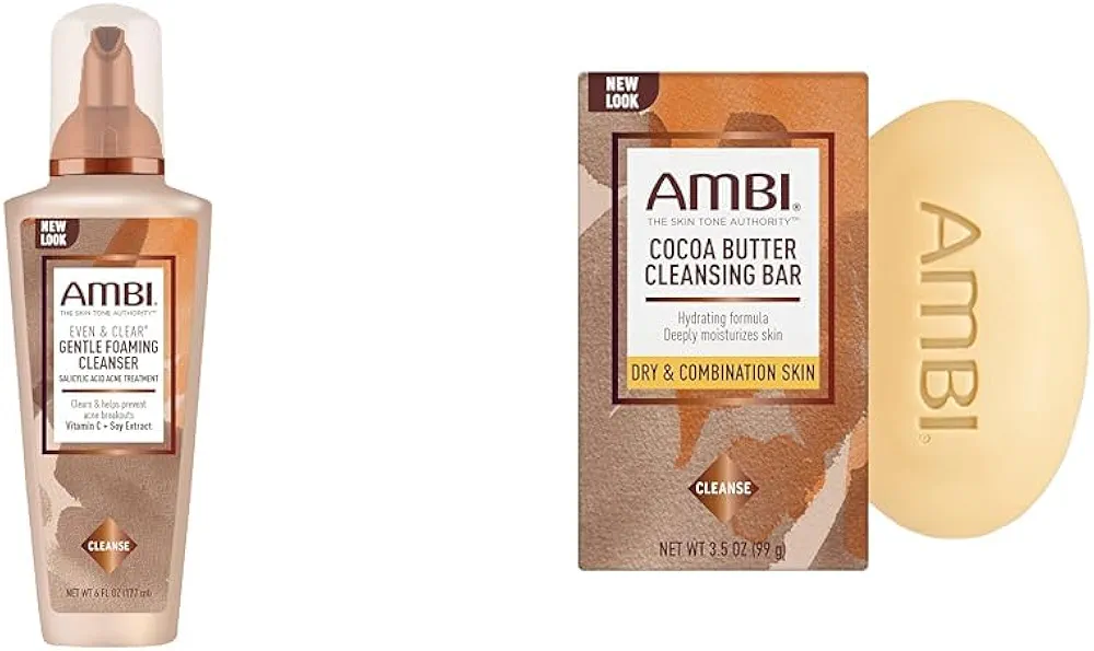 Ambi Even and Clear Foaming Cleanser Salicylic Acid Acne Treatment 6 Oz Cocoa Butter Cleansing Bar 3.5 Oz Skincare Bundle