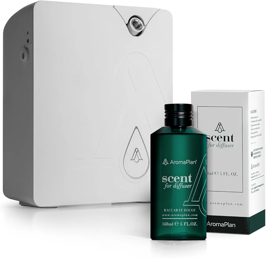 AromaPlan Bundle: White 2024 Upgraded Bluetooth Smart Scent Air Machine + Hotel Scents Baccarat Rouge (5 Fl Oz) - USA Made, Aroma & Longer Lasting