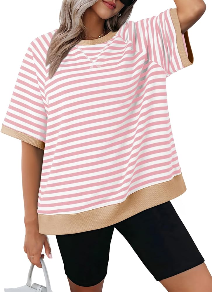 Dokotoo Oversized T Shirts for Women Striped Color Block Crewneck Short Sleeve Casual Summer Tops Lightweight Loose Blouses