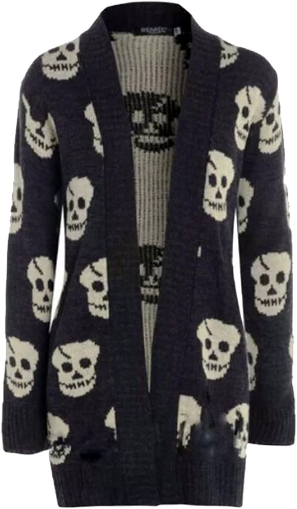 Thever Women Ladies Halloween Skull Skeleton Print Open Front Knitted Cardigan