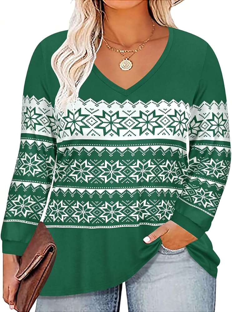 RITERA Womens Plus Size Long Sleeve Tops V Neck Christmas T Shirts Color Block Shirt Blouses XL Elk and Snowflake Green Holiday Winter Sweatshirts Loose Fit Pullover Henley Shirts 14W 16W