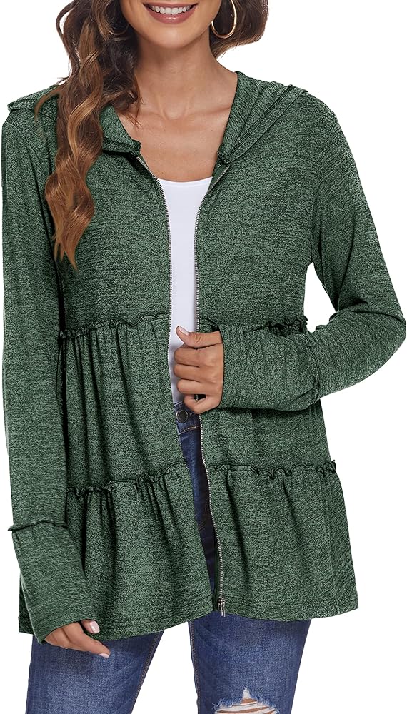 DEESHA Full Zip Up Hoodie for Women Pleated Tiered Ruffle Hooded Sweatshirts Jacket Coat Long Sleeve