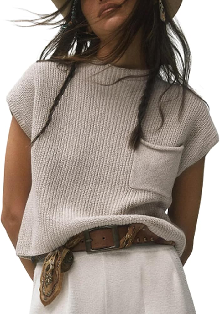 Himosyber Women's Solid Sleeveless Vest Mock Neck Cap Sleeve Knitwear Sweater Tops