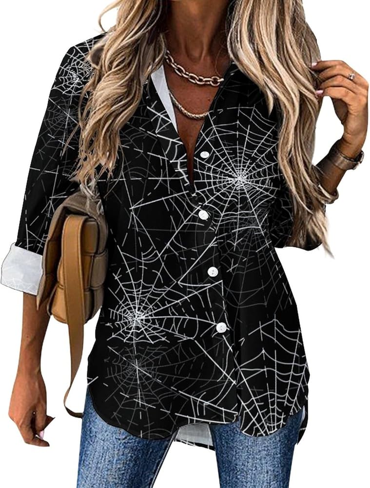 Halloween Spiders Web Blouses for Women Hawaiian Button Down Long Sleeve Shirts Tees Tops