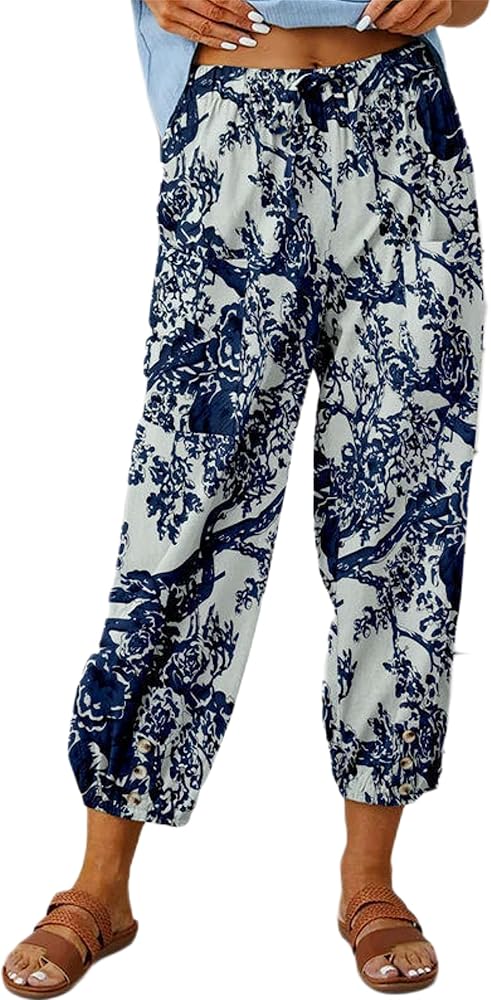 Women's Summer Linen Pants High Waisted Drawstring Printed Bohemian Capris Trousers