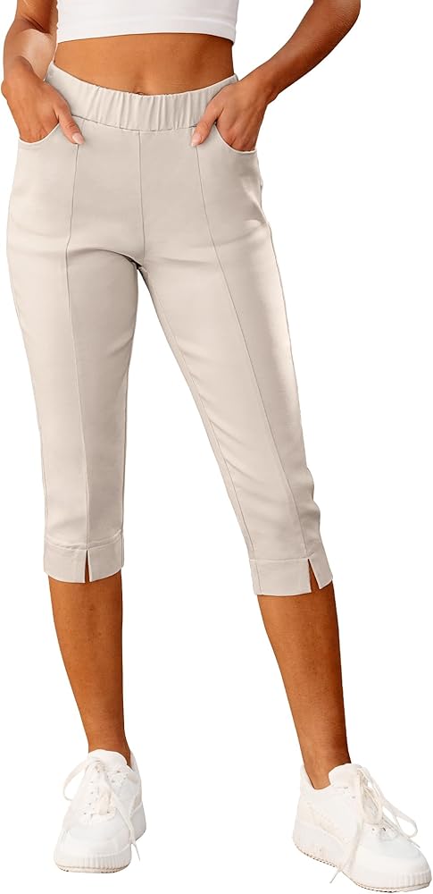 GRAPENT Capri Pants for Women High Waisted Pull On Elastic Waist Dressy Casual Stretchy Capris Trousers Pants Pockets