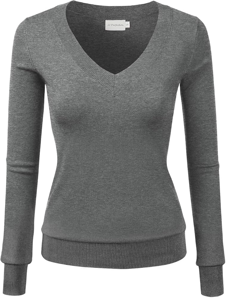 JJ Perfection Simple V-Neck Long Sleeve Pullover Essential Casual Soft Knit Fitted Sweaters for Womens Clothes with Plus Size