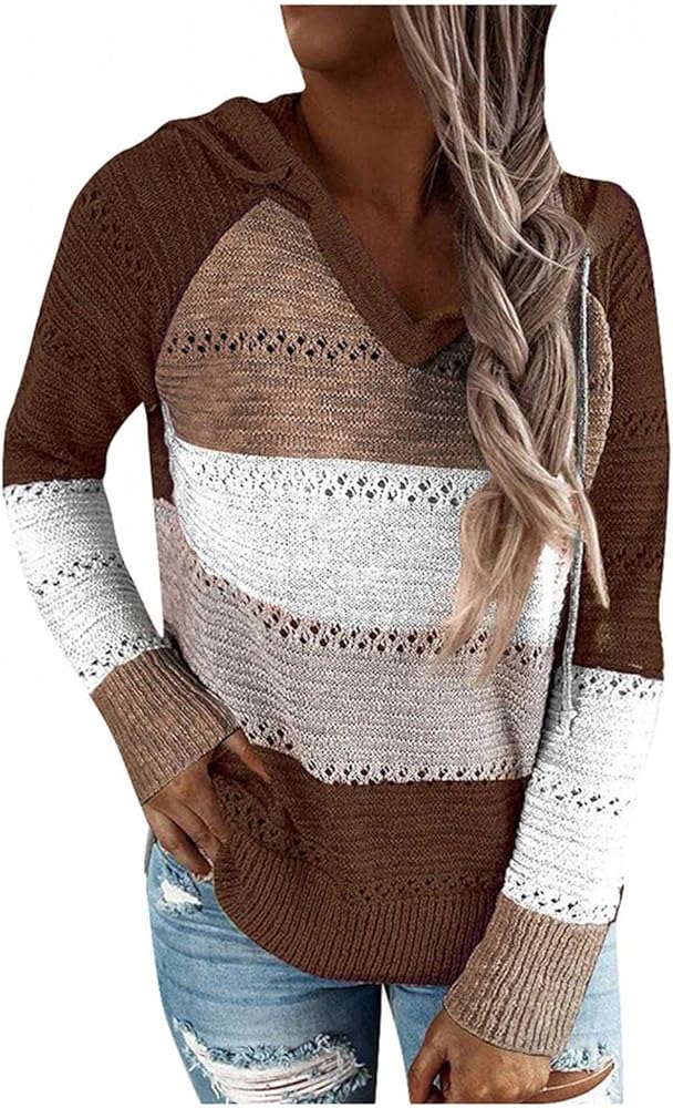 Top Casual Patchwork Sweater Women Fashion Hoodies Long Sleeves Shirt Hooded Blouse Knit Pullover