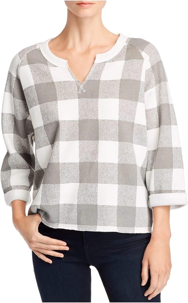 Alternative Womens Ivory Check 3/4 Sleeve V Neck Hi-Lo Sweater M