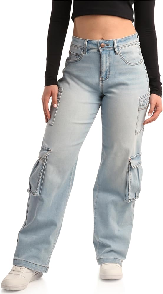 dollhouse Women's Jeans - Wide Leg Flare Cargo Jeans - Straight Leg Loose Cut Denim Pants with Cargo Pockets for Women (1-13)