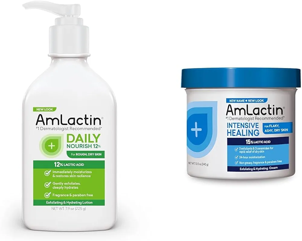 AmLactin Daily Moisturizing Lotion for Dry Skin – 7.9 oz Pump Bottle – 2-in-1 Exfoliator & Intensive Healing Body Cream – 12 oz Tub – 2-in-1 Exfoliator and Moisturizer