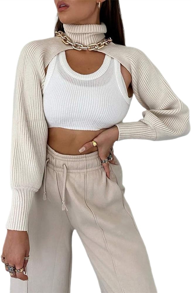 Women's High Collar Long Puff Sleeve Sweater Knitwear Pullover Crop Top Ultra Short Cropped Sweater Sweatshirt