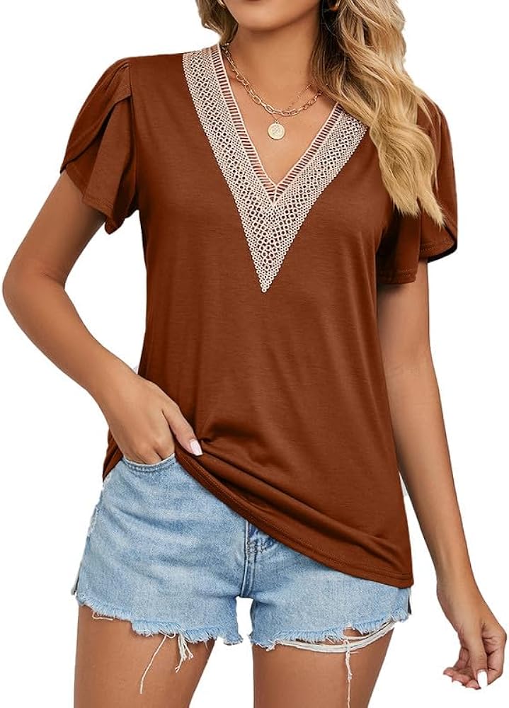 Women's Summer Casual Petal Sleeve Solid Color Top Guipure Lace V Neck Petal Sleeve T-Shirt Blouse