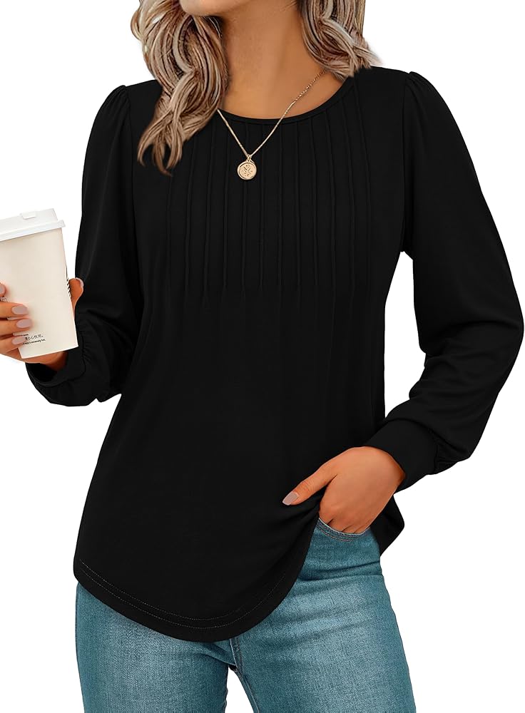 NALANISA Women's Puff Long Sleeve Tunic Tops Pleated Work Blouses Dressy Casual Loose Crew Neck T-Shirts Fall Fashion 2024