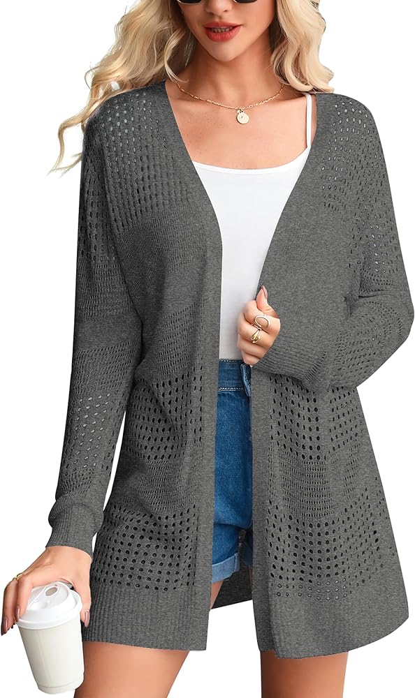 Totatuit Womens Oversized Sweaters Cardigans Long Casual Lightweight Long Sleeve Hollowed Out Crochet Knit Open Front