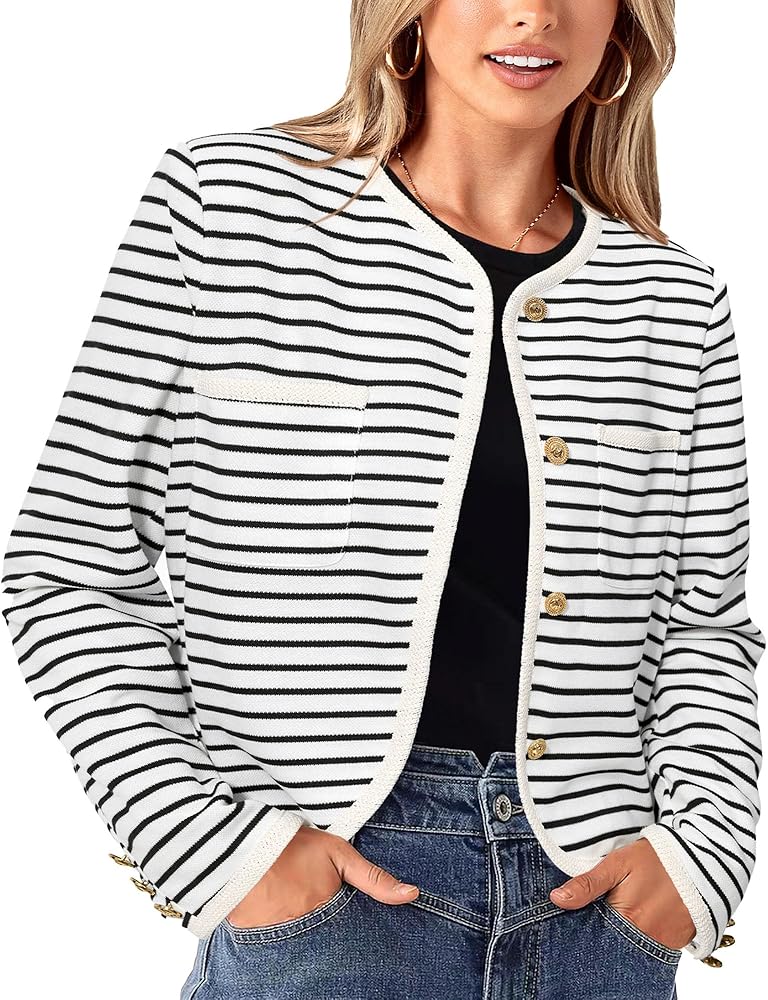 PRETTYGARDEN Women's Striped Cardigan Jacket Casual Long Sleeve Knit Button Down Shirts Fall Winter Outerwear