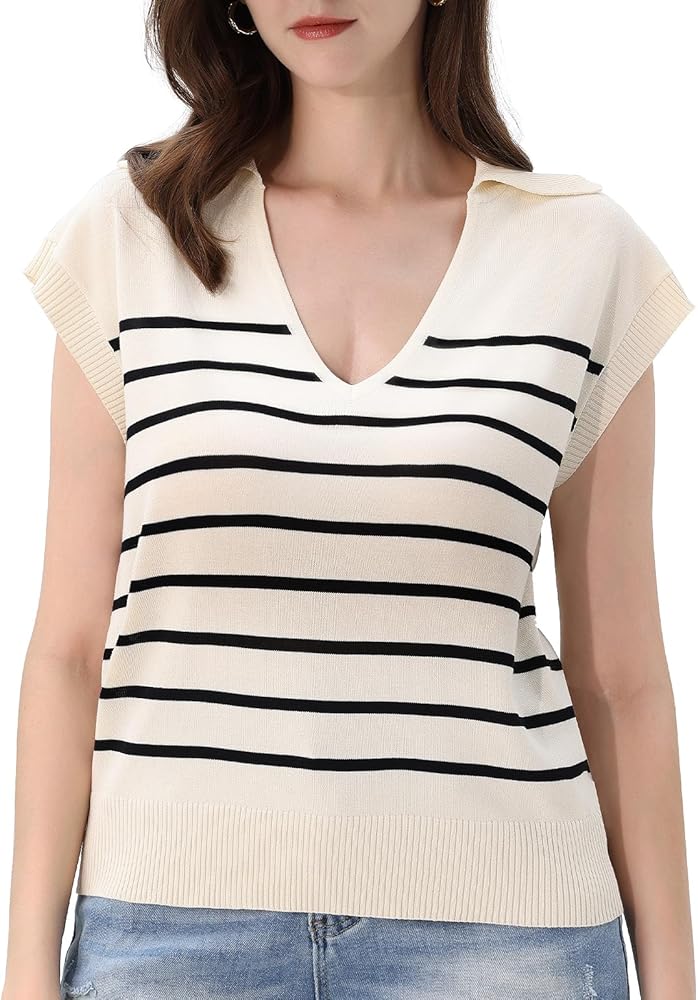 Women Cap Sleeve Top - Summer Lapel Ribbed Striped Knitwear : V-Neck Sleeveless Vest Pullover Tank Sweater