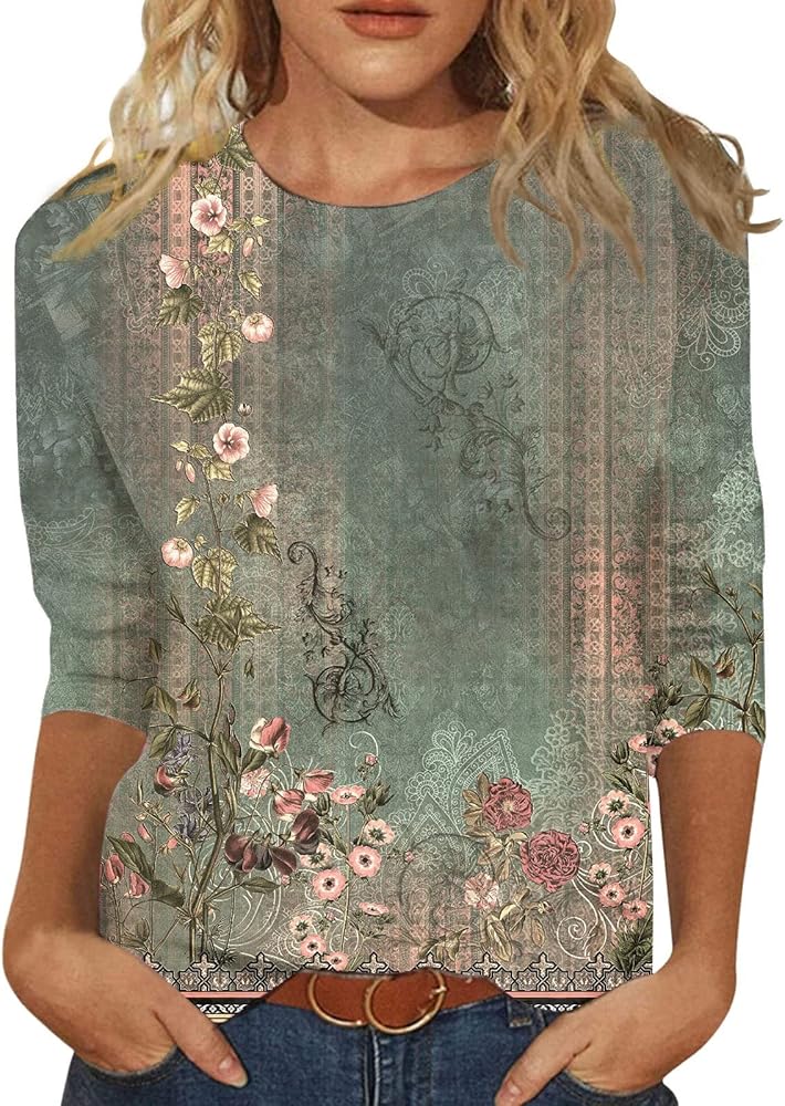 3/4 Length Sleeve Womens Tops 2024 Floral Print Blouses Dressy Casual Loose Round Neck Plus Size Shirts