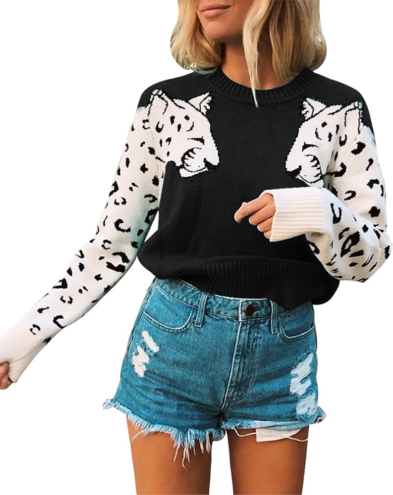 Mansy Women's Casual Long Sleeve Crew Neck Cute Animal Leopard Print Knitted Pullover Sweater Tops