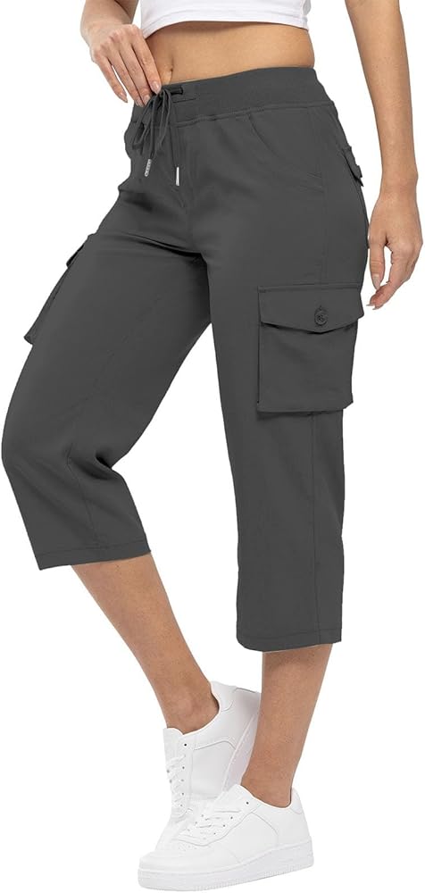 Cargo Capris for Women with Pockets,Summer Hiking Pants Drawstring Wide Leg Cropped Pants Lightweight Cargo Pants