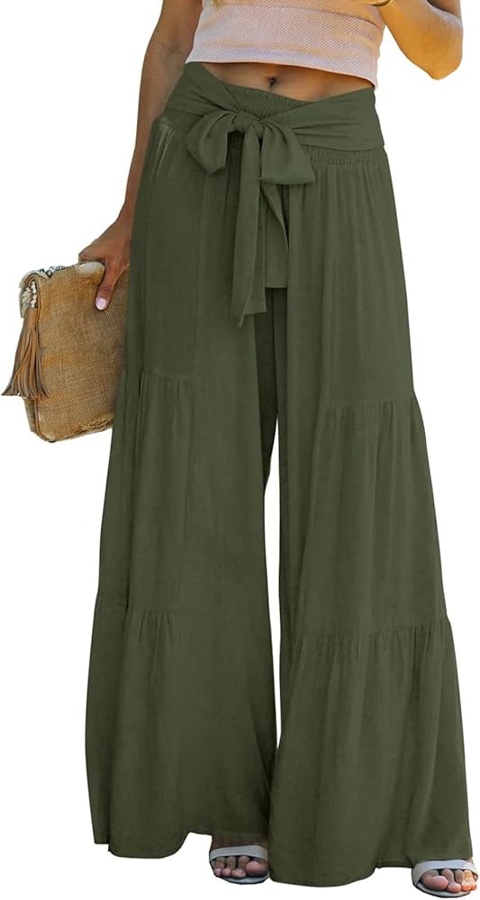 PEHMEA Women's Wide Leg Tiered Palazzo Pants Flowy High Waisted Beach Culottes Trousers with Belt