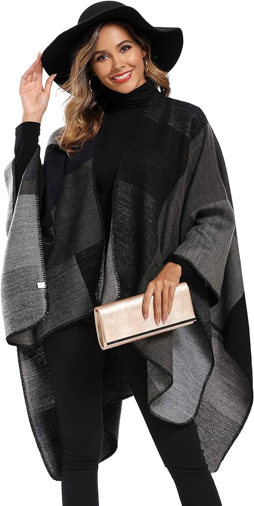 Epsion Women's Color Block Shawl Wrap Plus Size Cardigan Poncho Cape Open Front Long Winter Sweater Coat