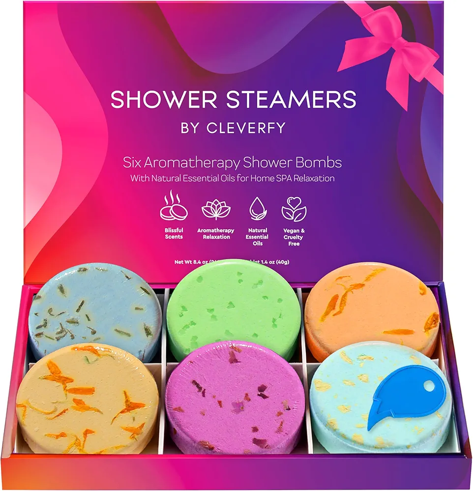 Cleverfy Shower Steamers Aromatherapy - Variety Pack of 6 Shower Bombs with Essential Oils. Personal Care and Relaxation Birthday Gifts for Women and Men. Purple Waves Set