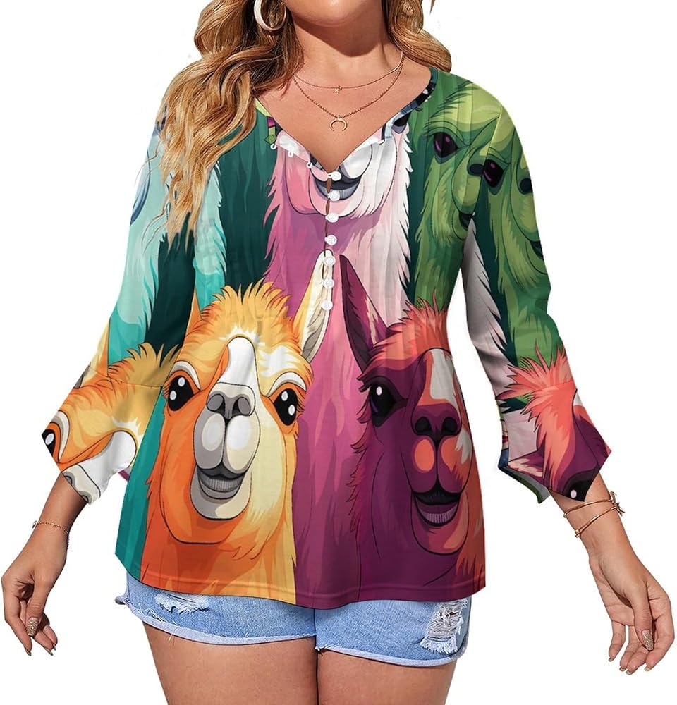 Colorful Llama Alpaca Cute Womens T-Shirts 3/4 Sleeve Button Down Tee Tops Blouse Summer Beach