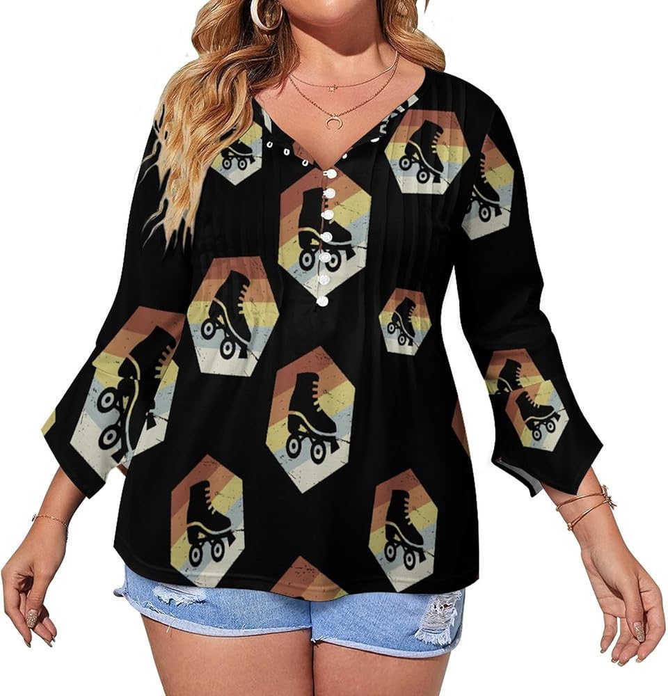 Retro 70s Roller Skating Cute Womens T-Shirts 3/4 Sleeve Button Down Tee Tops Blouse Summer Beach