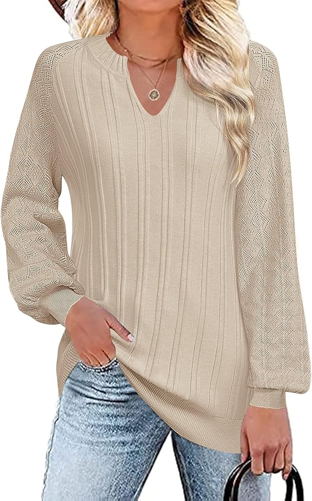 Micoson Womens Lantern Sleeve Sweaters Fashion V Neck Plain Tunic Pullover Casual Hollow Out Knit Tops