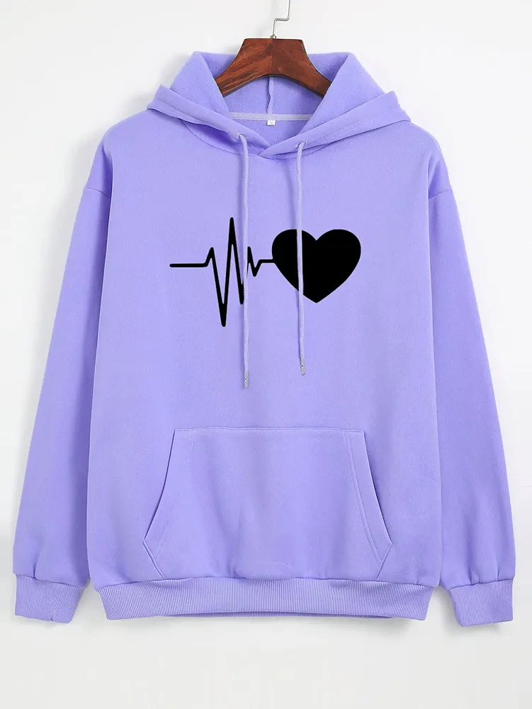 Women's Sweatshirt Sweatshirts Hoodies Heart Print Drop Shoulder Hoodie Warmth Beautiful Lovely Fashionable (Color : Violet Purple, Size : Large)