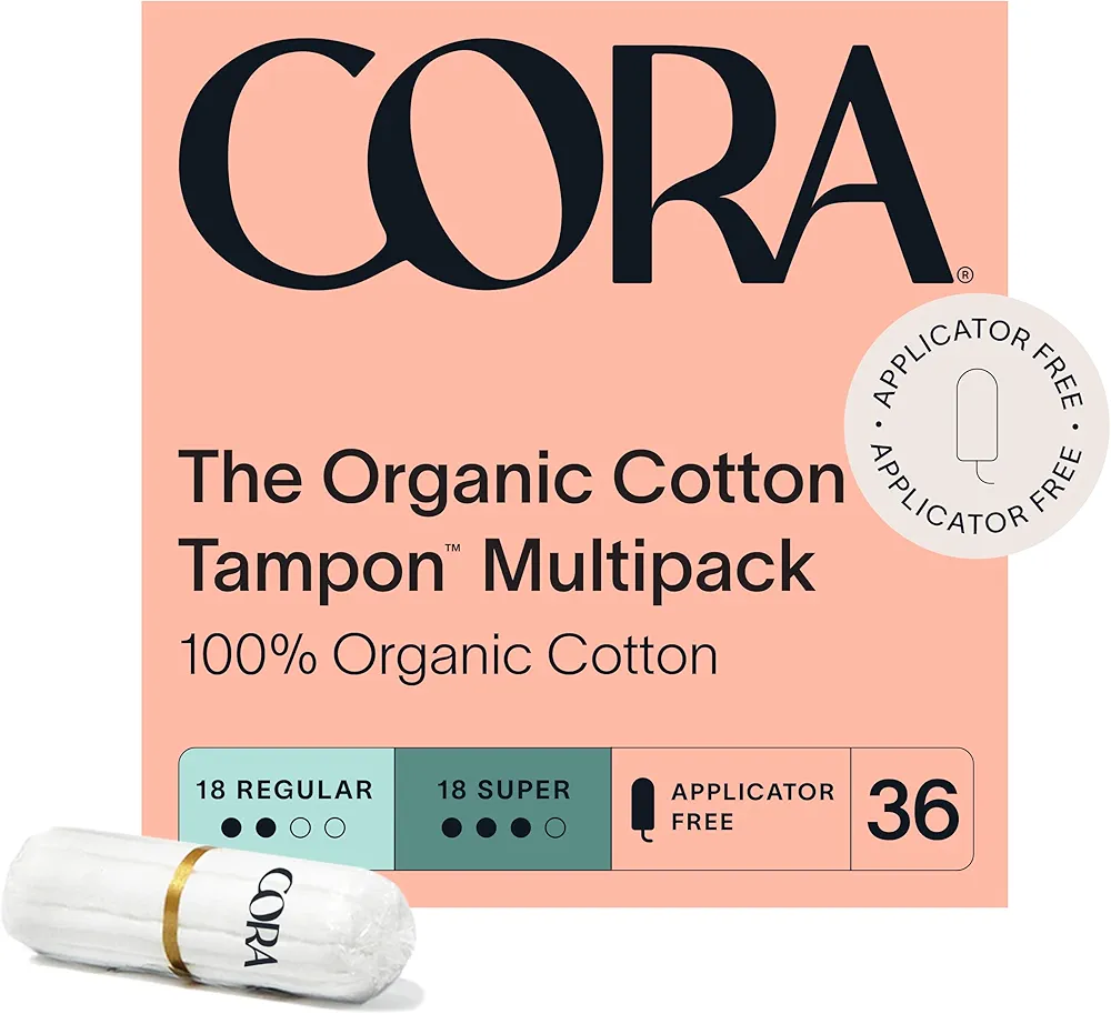 Cora 100% Organic Cotton Non-Applicator Tampons | Ultra-Absorbent, Unscented, Natural, Non-Toxic, Applicator Free | Eco-Conscious (36 R/S Tampons)