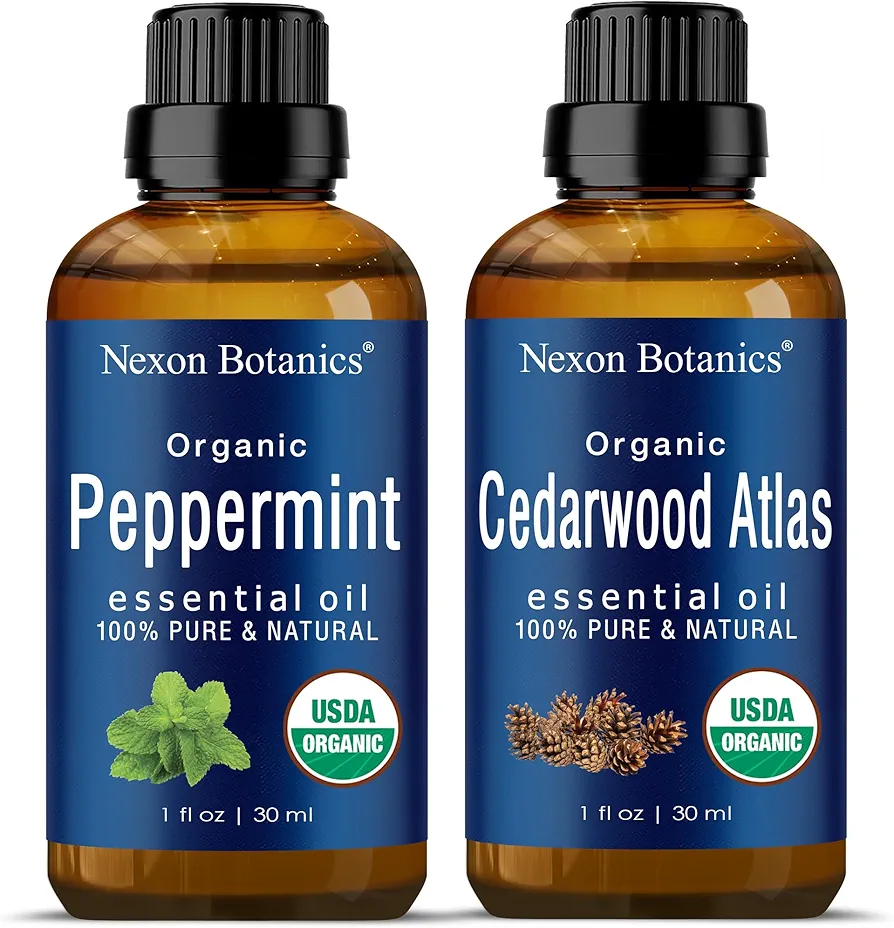 Peppermint and Cedarwood Oils Bundle by Nexon Botanics - Great Combo for Diffusers, Massage, Aromatherapy, Topical and Household Uses - Hydrating and Cleansing Oils - Pure and Therapeutic Grade