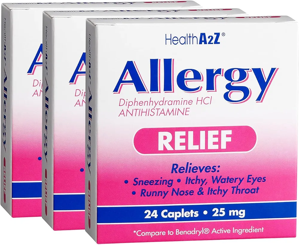 HealthA2Z® Allergy Relief | Diphenhydramine HCL 25mg | Antihistamine | Relief from Itchy Throat, Sneezing, Runny Noses | Indoor & Outdoors Allergies (3 Pack x 24 Caplets (72 total))