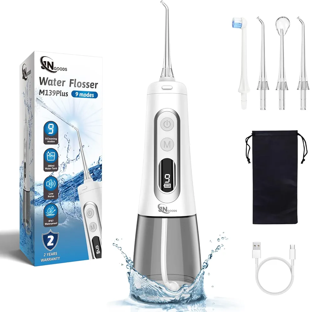 Water Dental Flosser oral irrigator,JNGOODS 300ml Rechargeable water flosser for teeth IPX7 Waterproof 9 Modes portable Oral Irrigator LED display with 4 jet tips, Travel Home use (White)