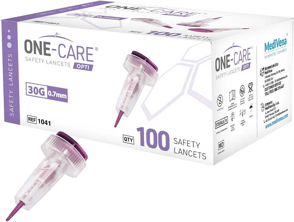 MediVena ONE-CARE Safety Lancets, 30G x 1.5mm, Push Button Activation, Gentle, Pre-Loaded, 3-Steps Only, Diabetes Testing, Sterile, Finger Self Prick Device, Glucose Monitor, Single Use, 100/Box