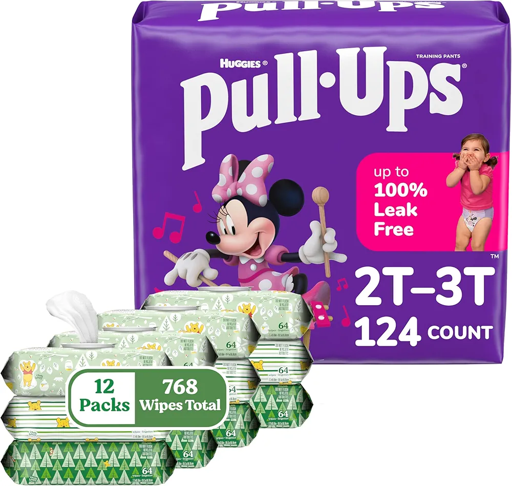 Pull-Ups Girls Training Pants & Wipes Bundle: Pull-Ups Training Pants for Girls Size 2T-3T, 124ct & Huggies Natural Care Sensitive Wipes, Unscented, 12 Packs (768 Wipes Total) (Packaging May Vary)