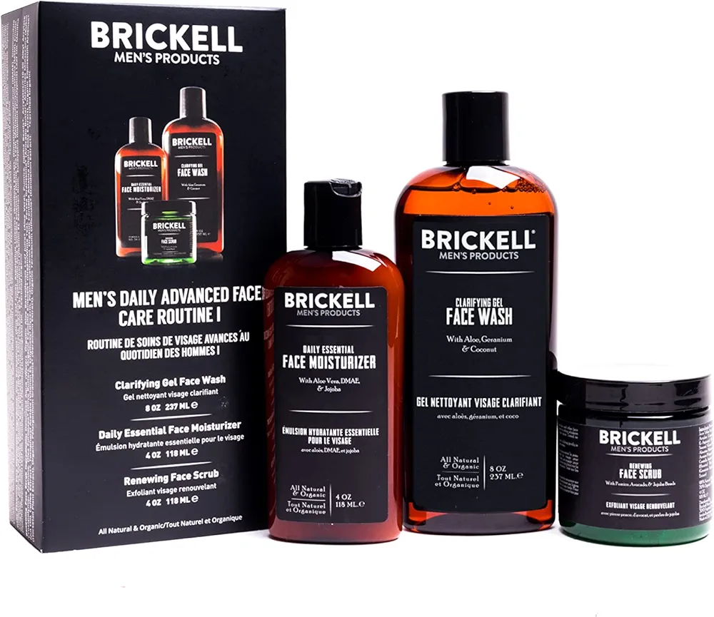 Brickell Men's Products Daily Advanced Face Care Routine I, Gel Facial Cleanser Wash, Face Scrub, Face Moisturizer Lotion, Natural and Organic Men's Skin Care Gift Set, Scented