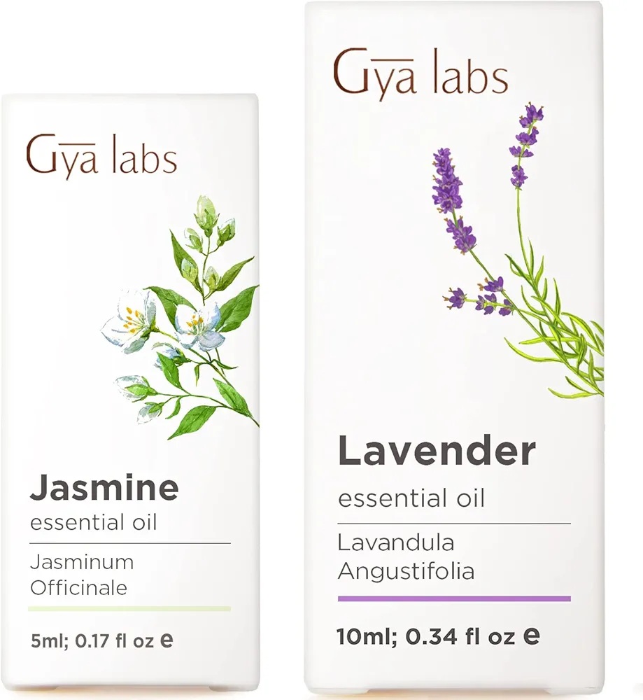 Jasmine Essential Oil for Diffuser (0.17 fl oz) & Lavender Essential Oil for Diffuser Set (0.34 fl oz) Set - 100% Natural Aromatherapy Grade Essential Oils Set - Gya Labs