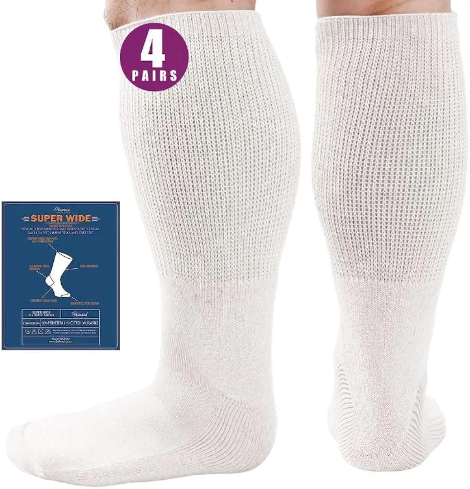 Extra Width Socks for Swollen Feet-4 Pairs Bariatric Hospital Socks,Lymphedema Diabetic Socks for Women Men 13-15-4 White