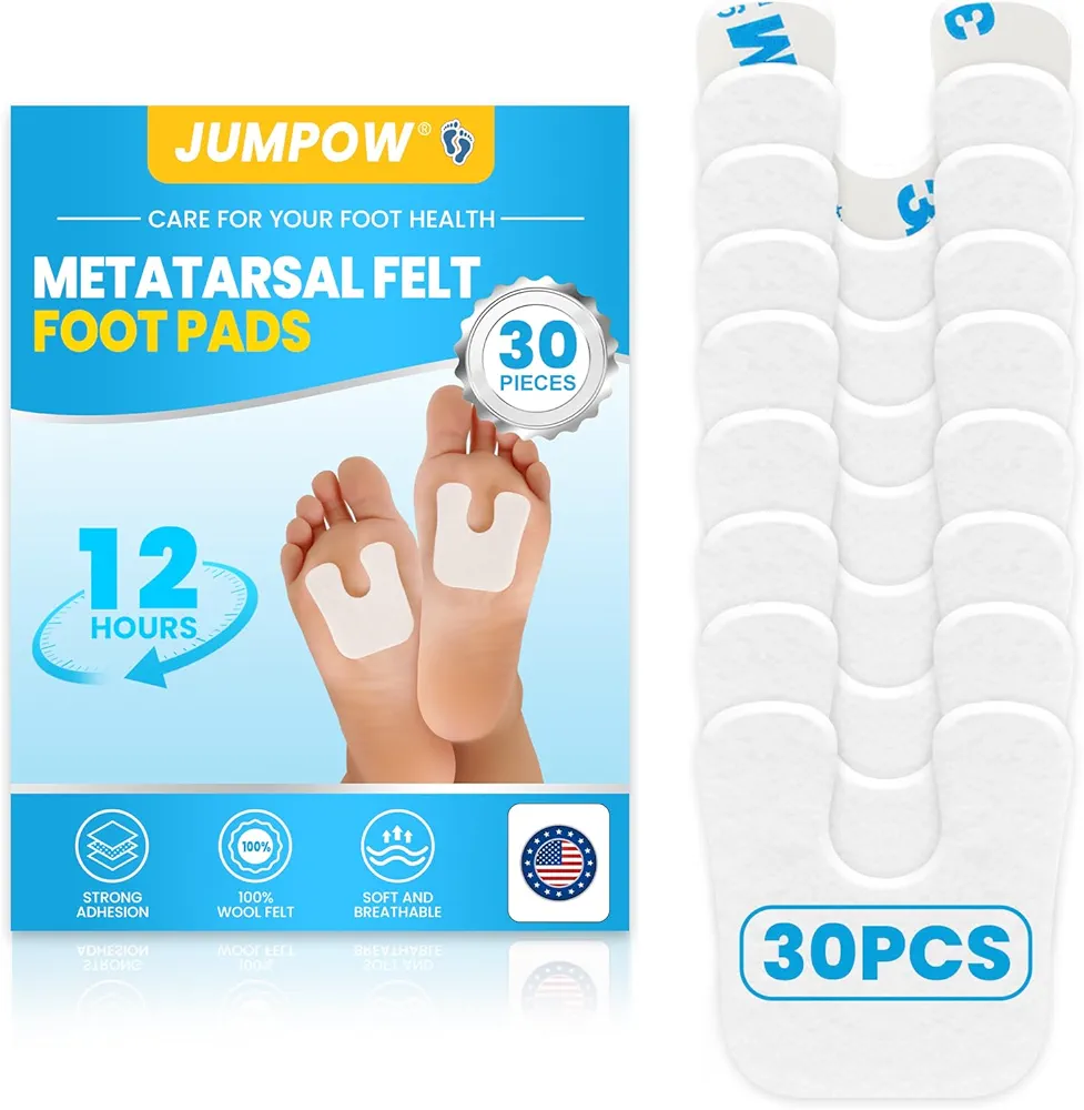 JUMPOW U-Shaped Metatarsal Callus Pads - 30 Pcs, 1/5” Thick, Strong Adhesive Felt Callus Pads, Ball of Foot Cushions for Women & Men Metatarsalgia, Neuroma, Plantar Fasciitis Relief (White)